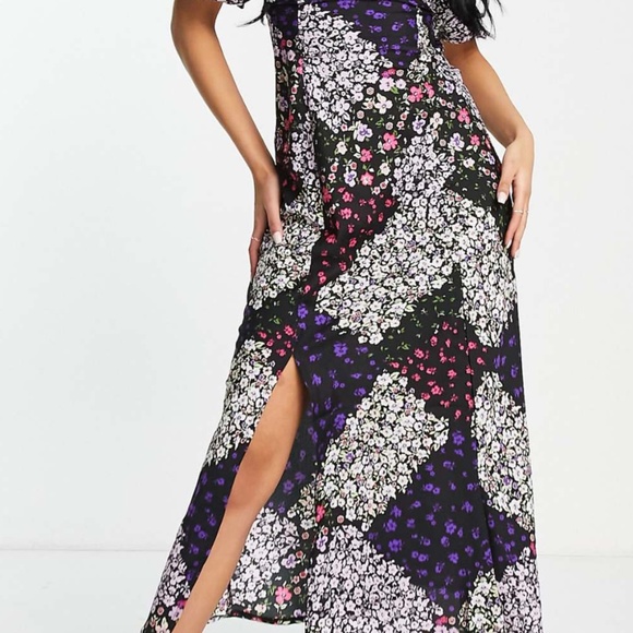 Violet Romance Puff Sleeve Patchwork Floral print midi dress - Picture 1 of 2